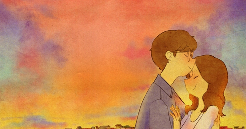 An illustrated couple sharing a kiss against a colorful sunset background with shades of orange, pink, and purple.