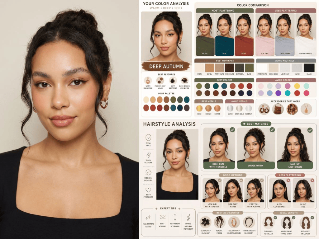 A woman with wavy hair styled in a bun, wearing a black top and minimal makeup, is featured alongside a color analysis chart for 'Deep Autumn' with recommended colors, hairstyle options, and accessories.